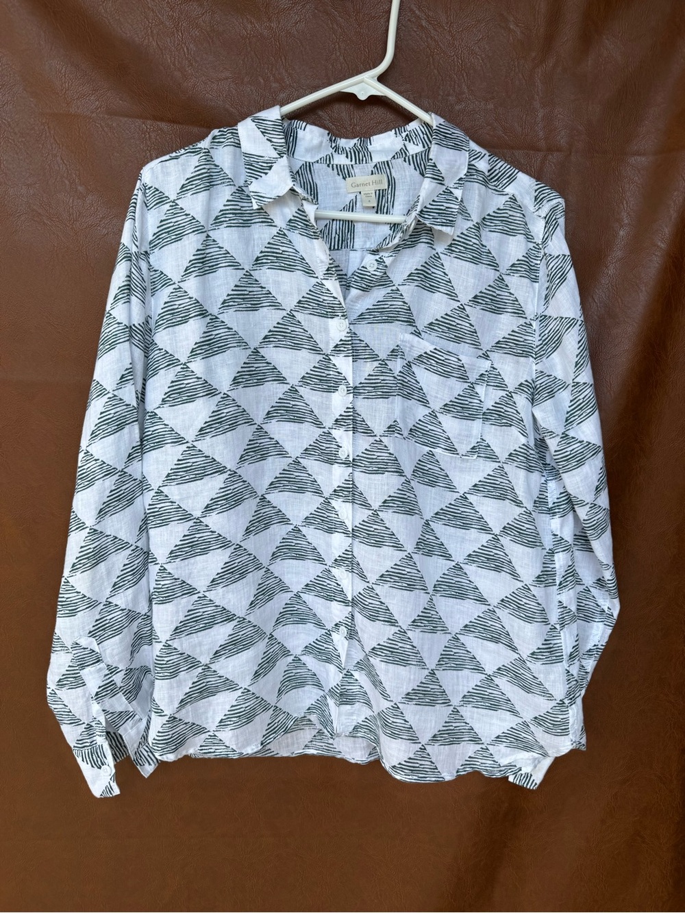 Garnet Hill Womens 8 100% Linen Shirt Geometric Triangle Print Button Down